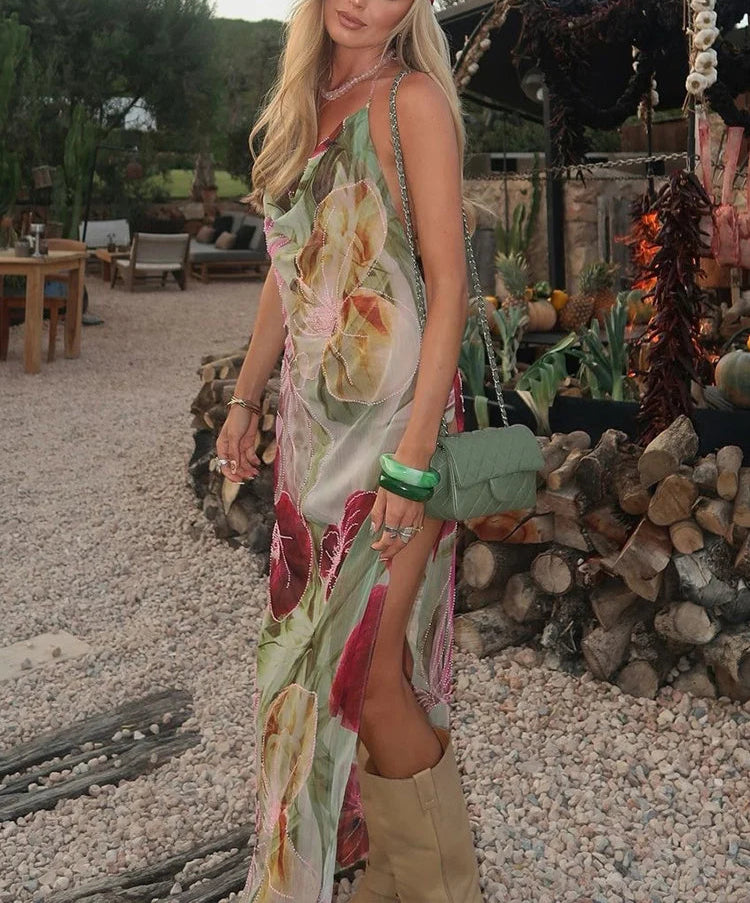 Split Thigh Backless Mesh Flower Design Maxi Dress