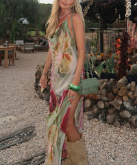 Split Thigh Backless Mesh Flower Design Maxi Dress