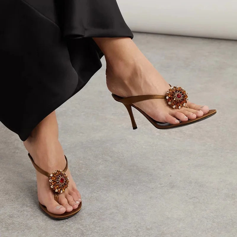 Rhinestone Flower Decor Heeled Slippers