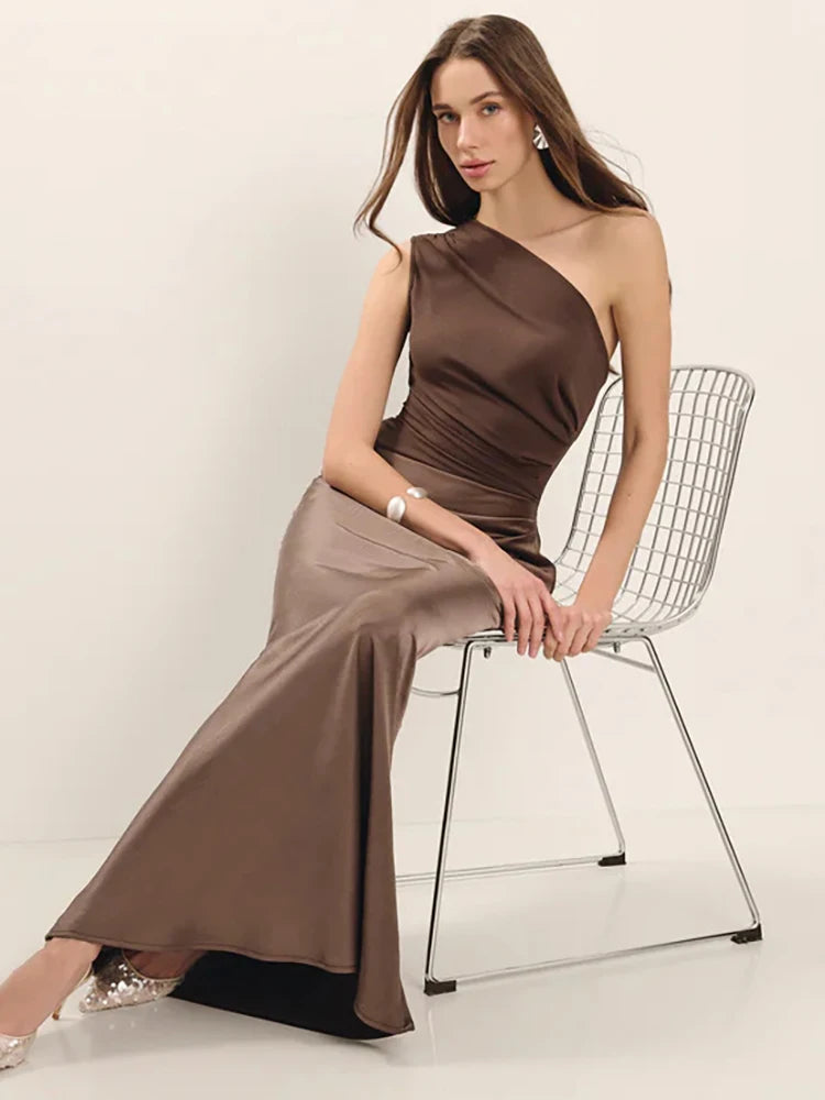 Satin Inclined Shoulder Sexy Maxi Dress