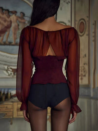 Wine Red Chiffon Long Sleeve Sexy Lace-up Blouse