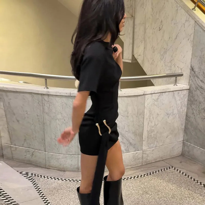 Metal Buckle O Neck High Waist Short Sleeve Mini Dress