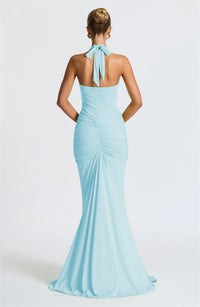 Deep V Neck Draped Ruched Sexy Maxi Dress