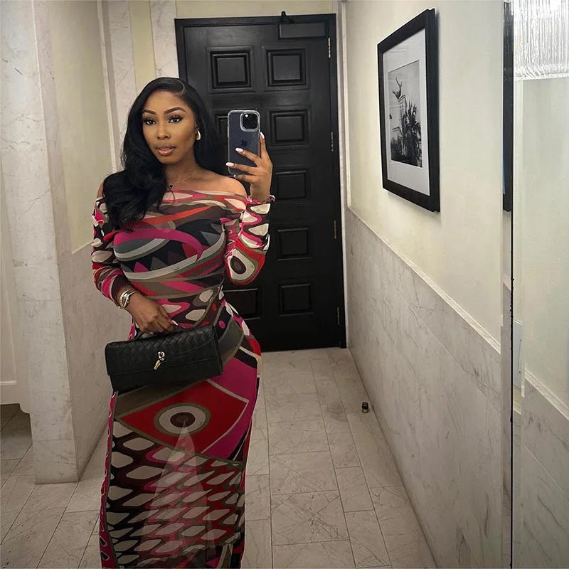 See Through Colorful Print Midnight Coquette Sheer Maxi Dress