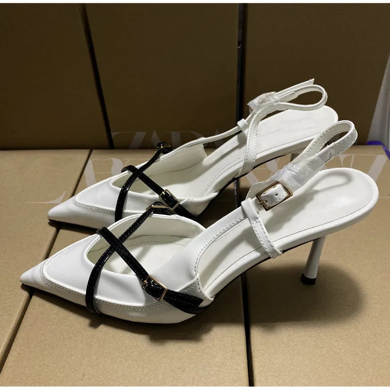 Elegant Pointed toe PU Leather Slingback Thin Heels