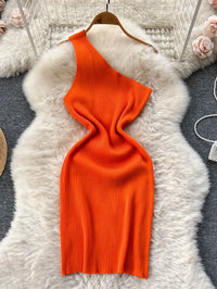 One Shoulder Solid Chic Knitted Mini Dress