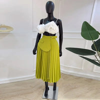 High Waist Patchwork Belt Big Swing Pleated Maxi Skirt