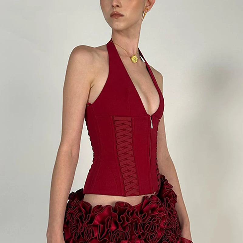 Cross Tie Zipper Slim Vest Halter Top