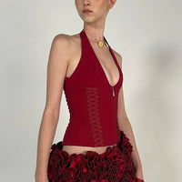 Cross Tie Zipper Slim Vest Halter Top