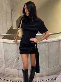 Metal Buckle O Neck High Waist Short Sleeve Mini Dress