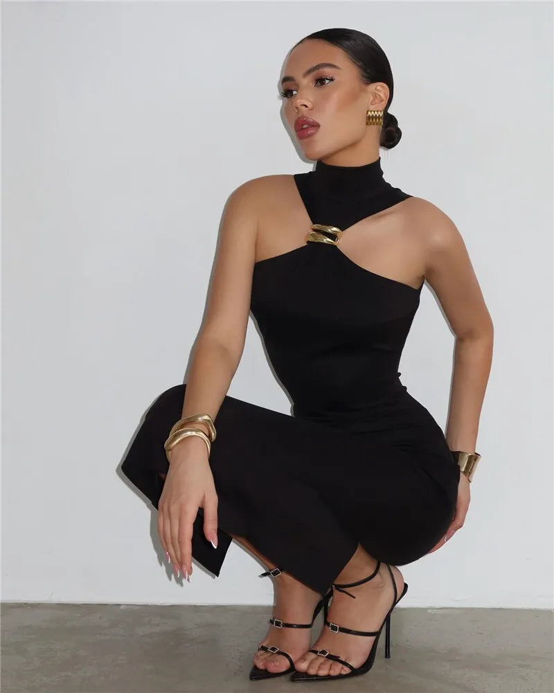 Turtleneck Ring Metal Sleeveless Midi Dress