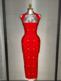 Halter Long Crystal Beaded Bandage Dress