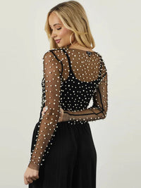Pearl Mesh See Through Long Sleeve T-shirt