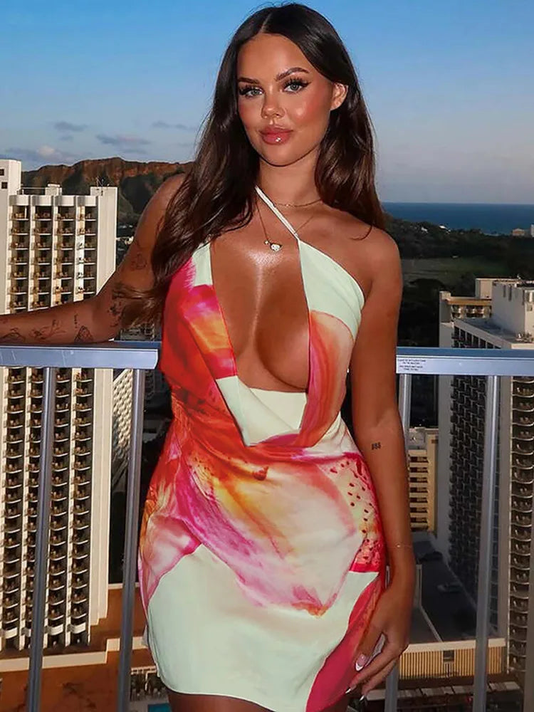 One Shoulder Backless Print Sexy Mini Dress