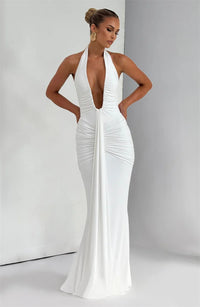 Deep V Neck Draped Ruched Sexy Maxi Dress