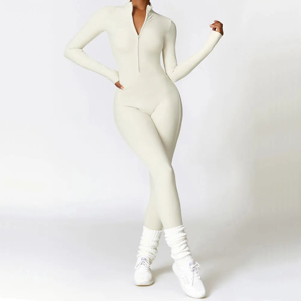Long Sleeved One-piece Zipper Jumpsuit