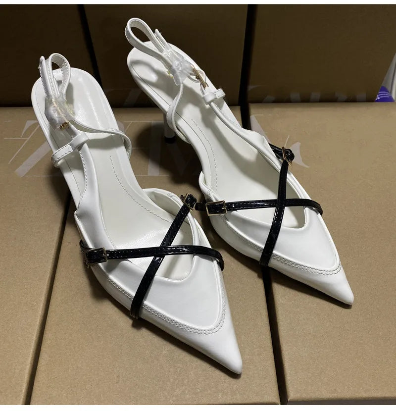 Elegant Pointed toe PU Leather Slingback Thin Heels