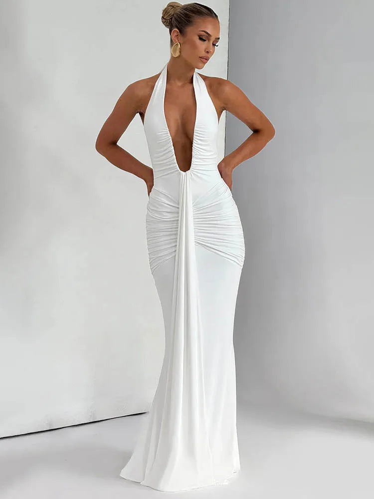 Deep V Neck Draped Ruched Sexy Maxi Dress
