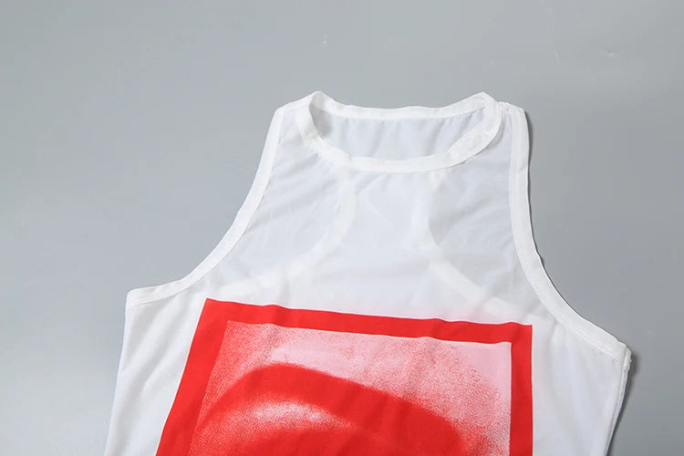 Mesh Lip Print Y2K O-neck Sleeveless Mini Dress