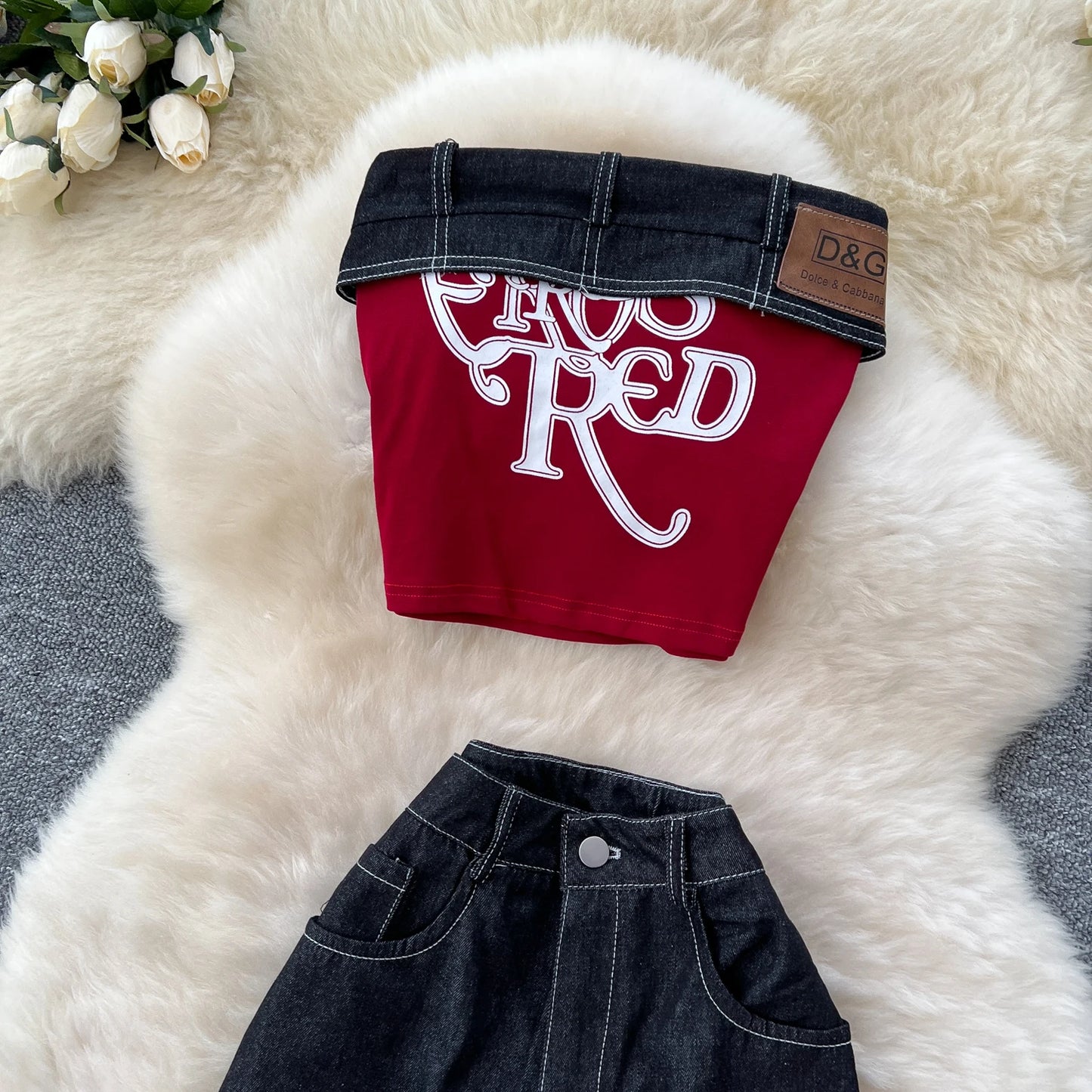 Strapless Letter Embroidery Retro Sexy 2pcs Set