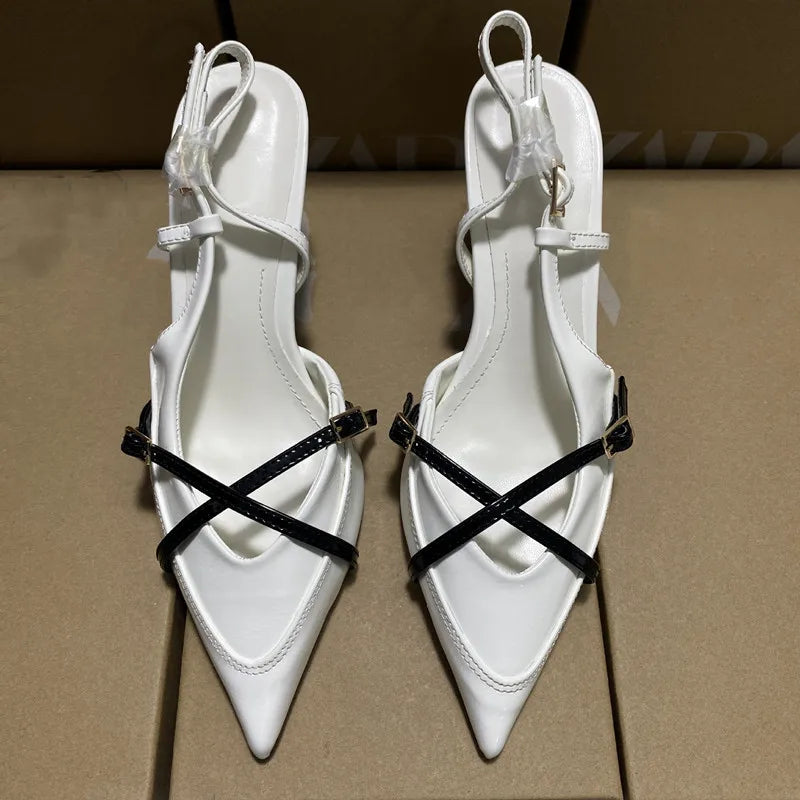 Elegant Pointed toe PU Leather Slingback Thin Heels