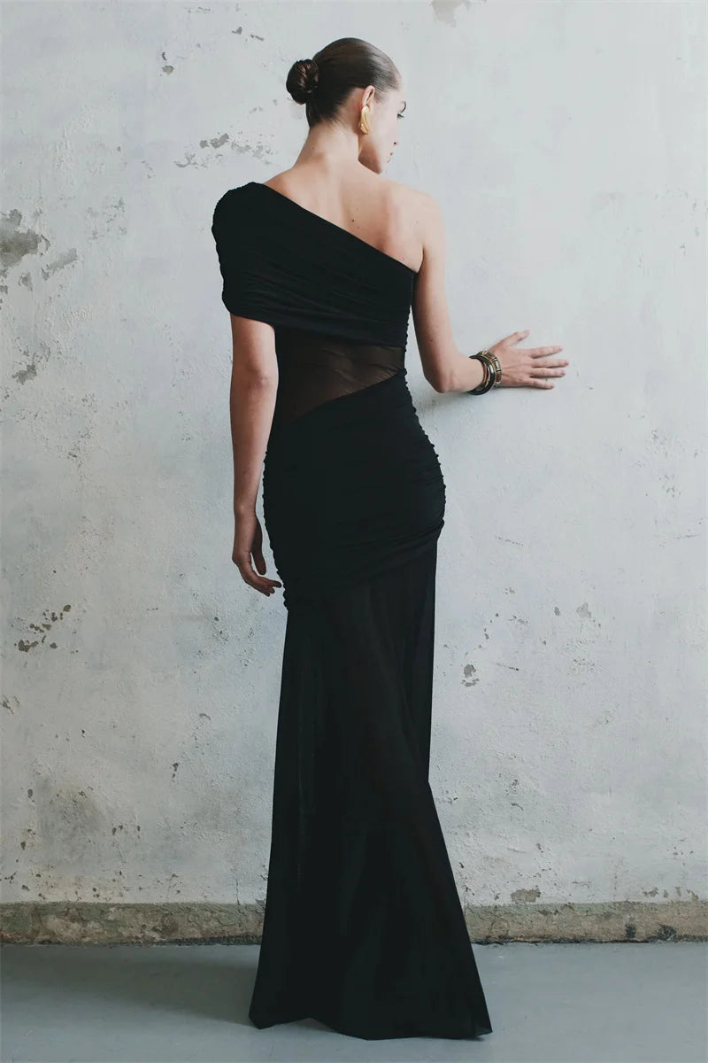 One Shoulder Mesh Sexy Maxi Dress