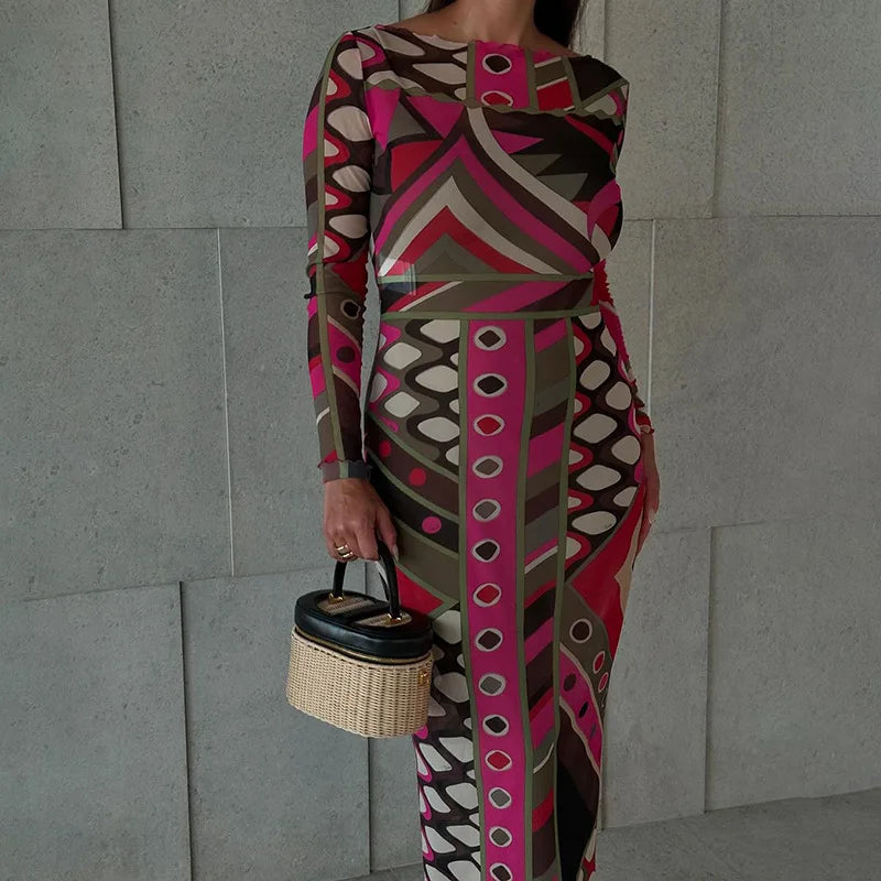 See Through Colorful Print Midnight Coquette Sheer Maxi Dress