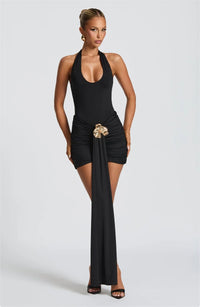 Metal Flower Draped Ruched Sexy Mini Dress