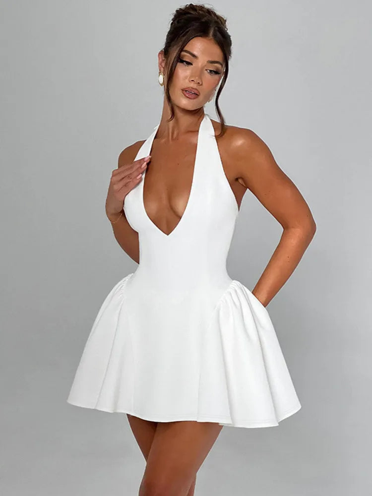 Elegant Halter High Waist A-line Deep V Neck Mini Dress