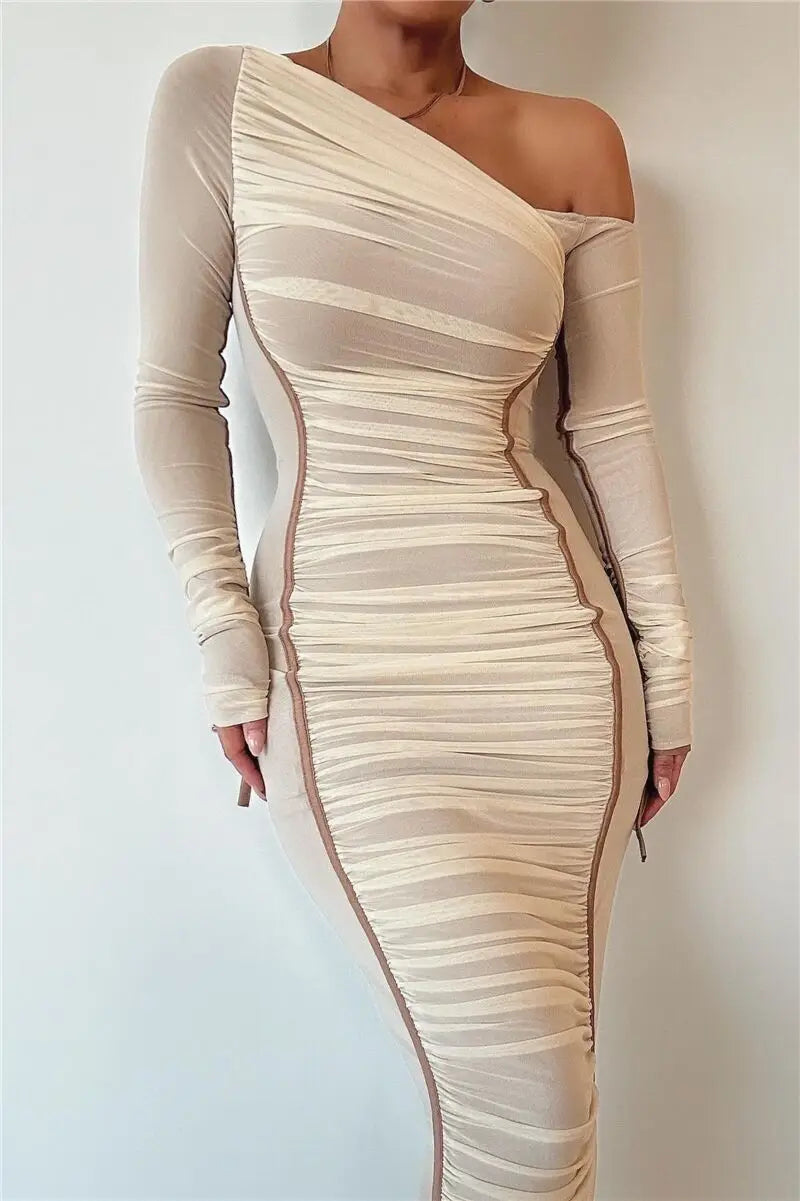 Diagonal Collar Long Sleeve Midi Dress