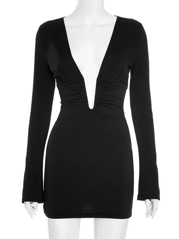 Deep V Neck Long Sleeve Sexy Mini Dress