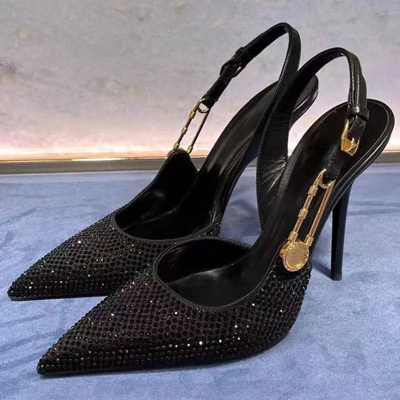 Luxury Rhinestone Sequined Buckle Pointed toe Slingback Stiletto