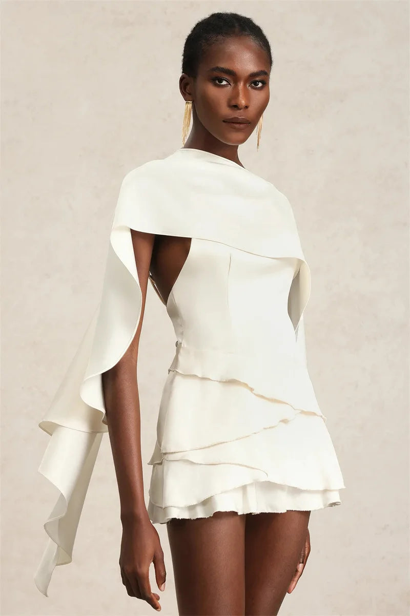 Shawl Sleeve Ruffle Sexy Mini Dress