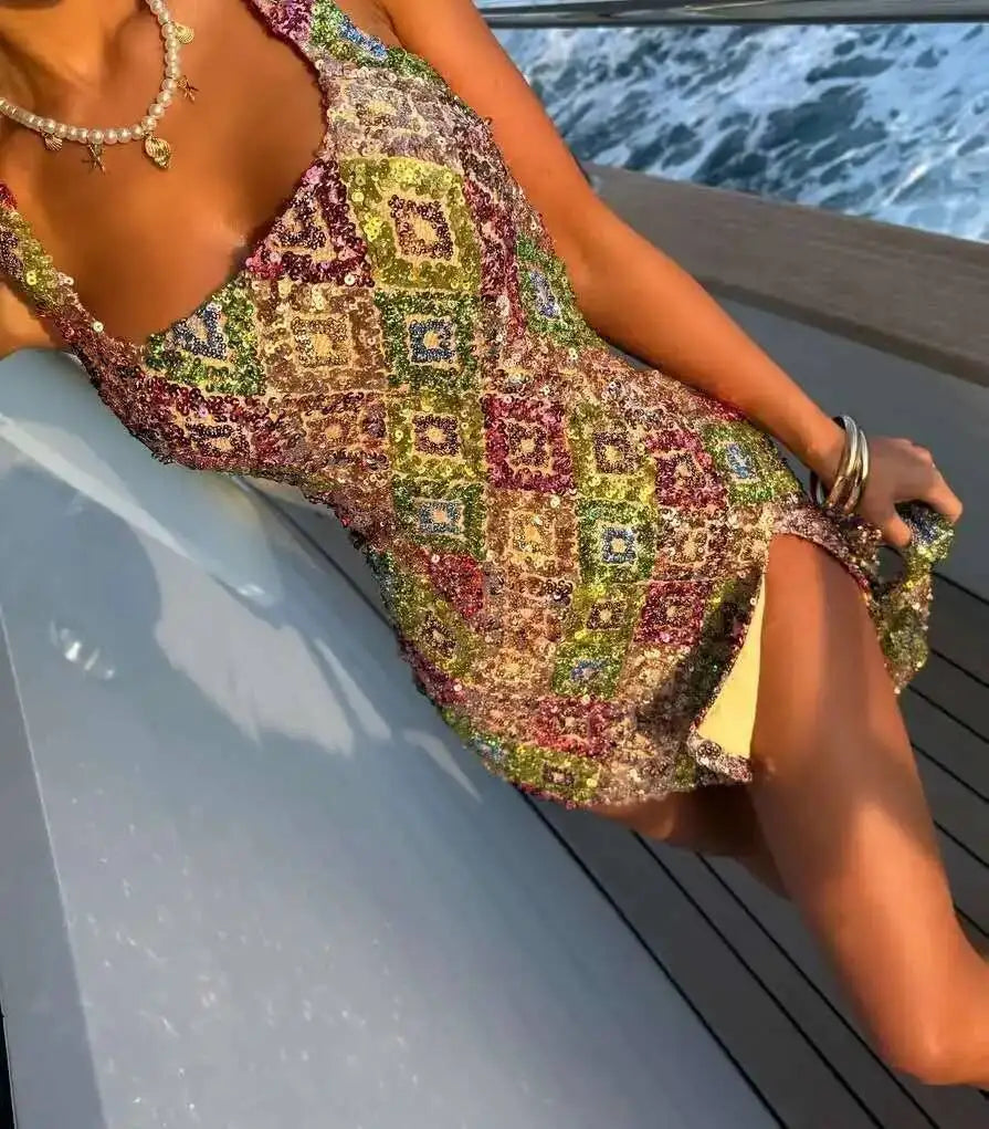 Colorful Diamond Pattern Sequin Slit Mini Dress