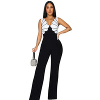 V-Neck Wide Leg  Sleeveless  Patchwork Jumpsuit
