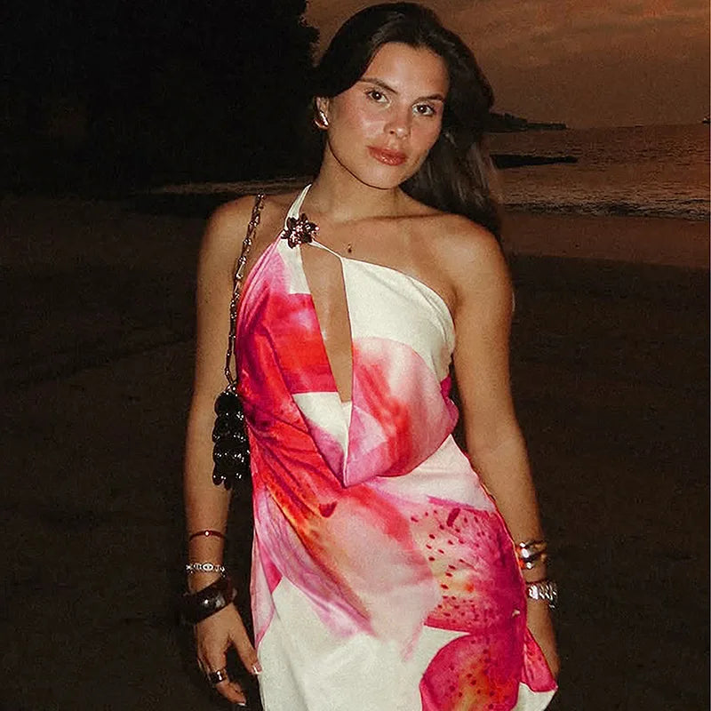 One Shoulder Backless Print Sexy Mini Dress