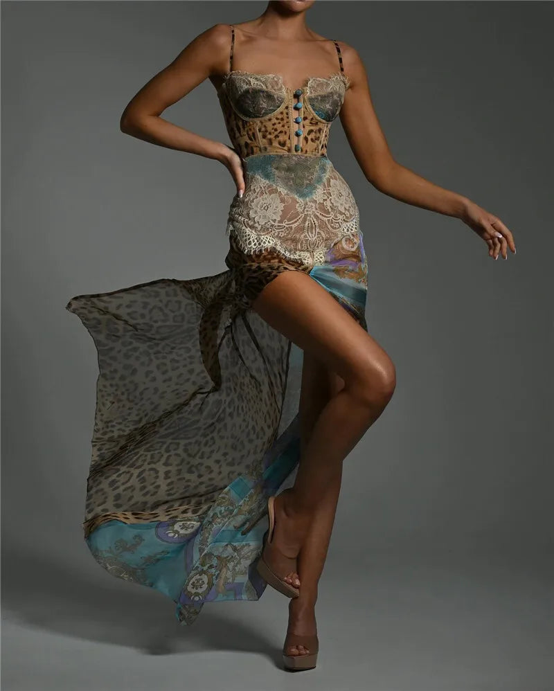 Leopard Print Lace Split Sexy Maxi Dress