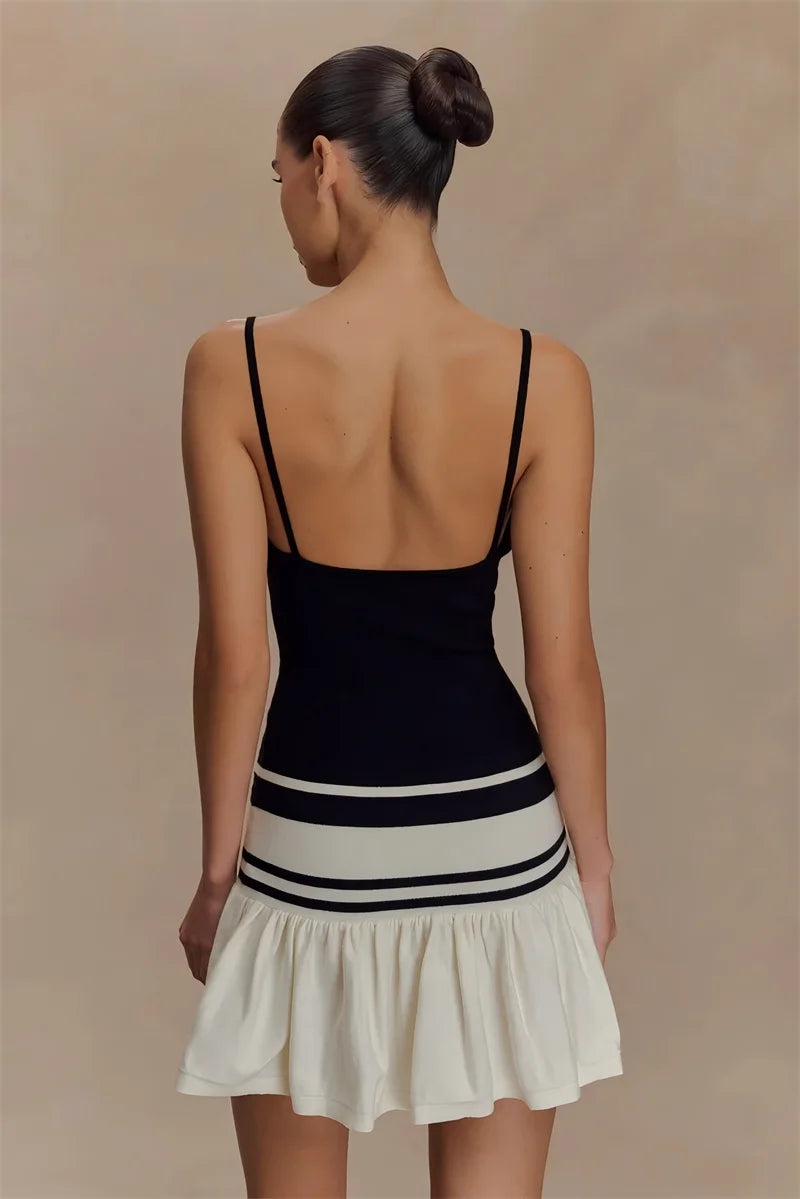 Spaghetti Strap Sleeveless Backless Ruffle Patchwork Mini Dress