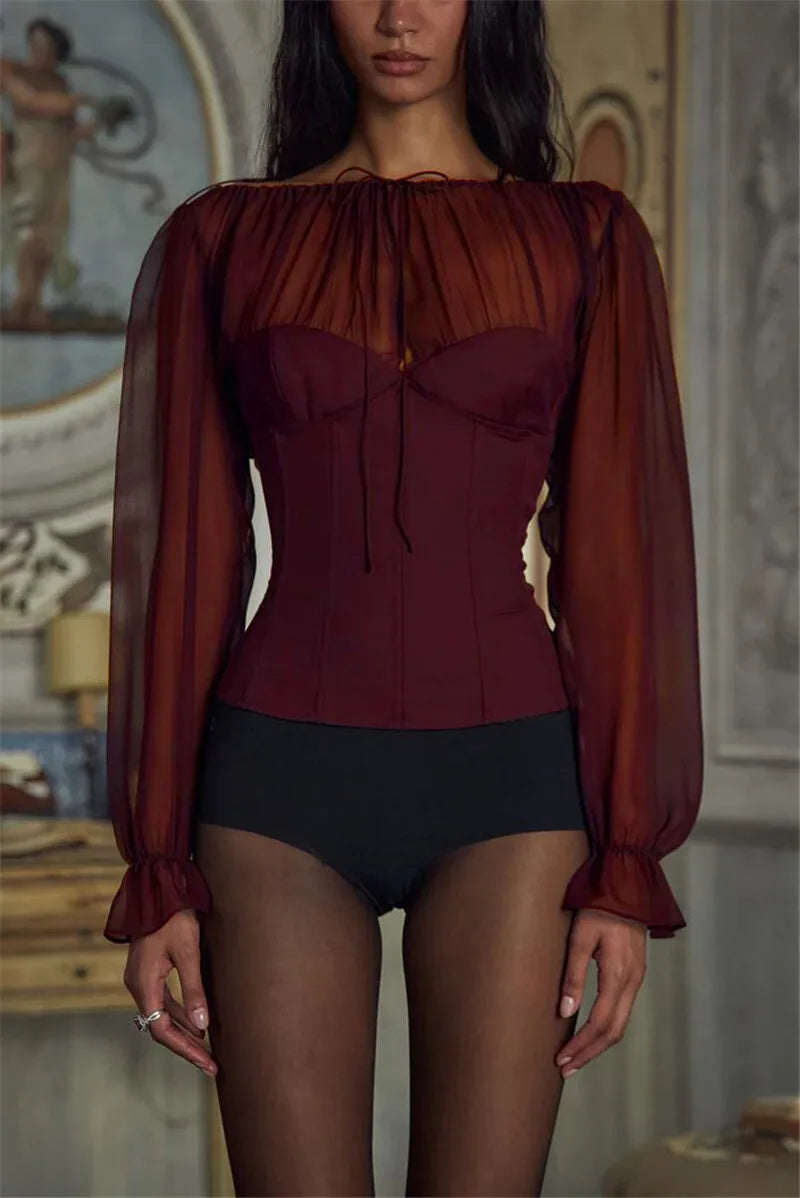 Wine Red Chiffon Long Sleeve Sexy Lace-up Blouse