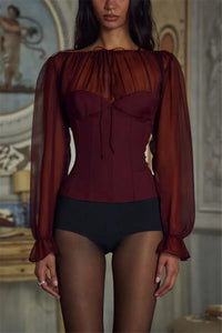 Wine Red Chiffon Long Sleeve Sexy Lace-up Blouse