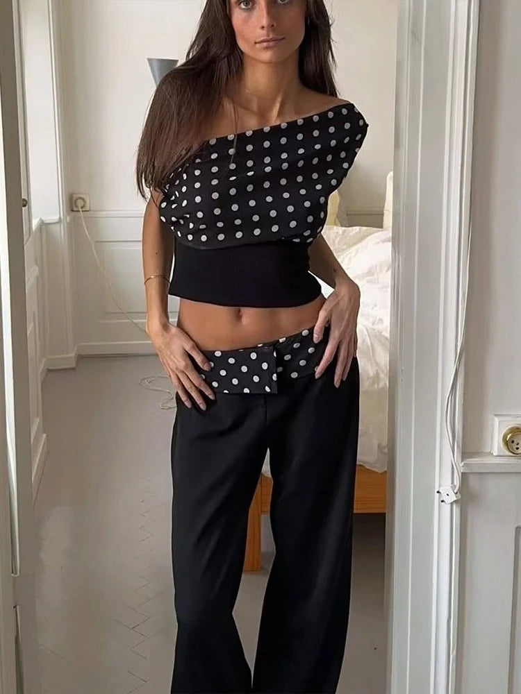 Polka Dots Print Skew Collar Off Shoulder Crop Top