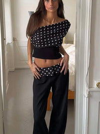 Polka Dots Print Skew Collar Off Shoulder Crop Top