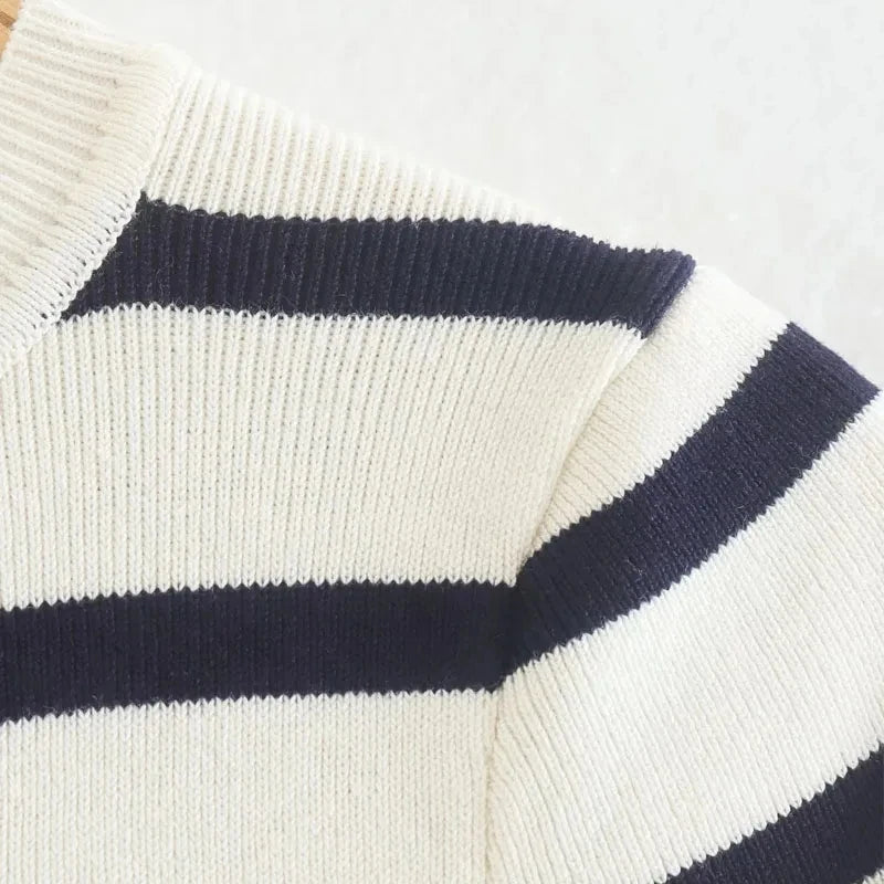 Striped Knitted Short Sleeve Crop Sweater