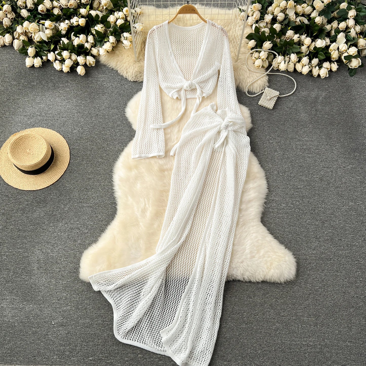 Long Sleeve V Neck Short Top+Adjustable Waist Split Long Skirt Set