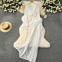 Long Sleeve V Neck Short Top+Adjustable Waist Split Long Skirt Set