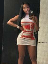 Mesh Lip Print Y2K O-neck Sleeveless Mini Dress