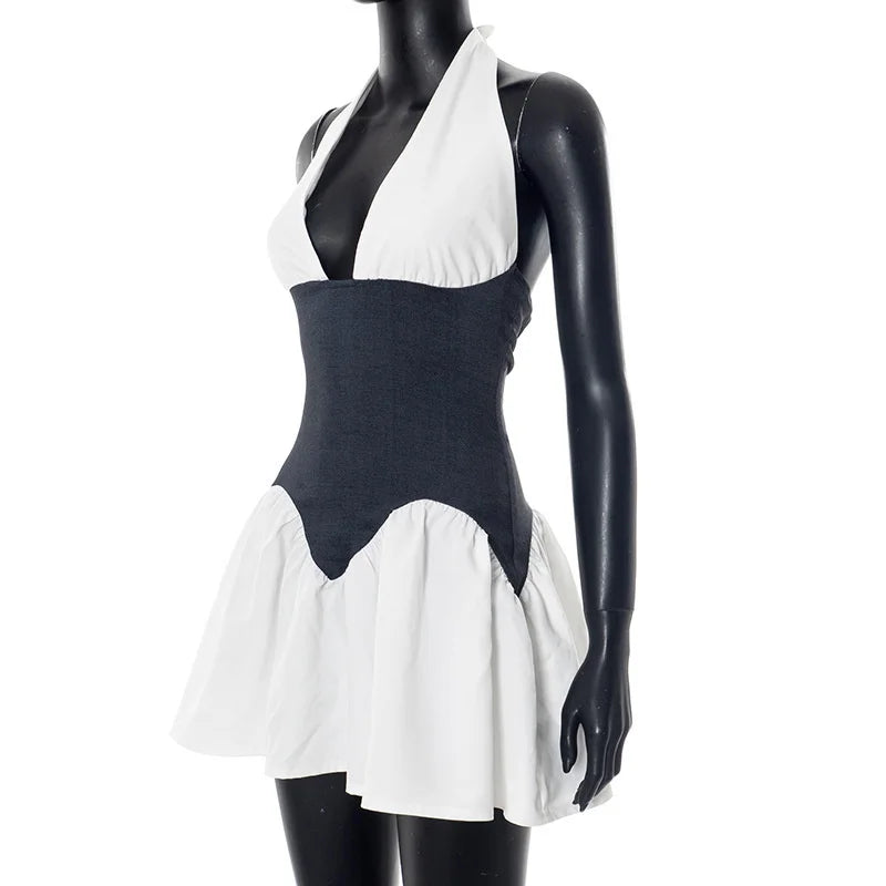 Patchwork Halter Denim Backless Sexy Mini Dress