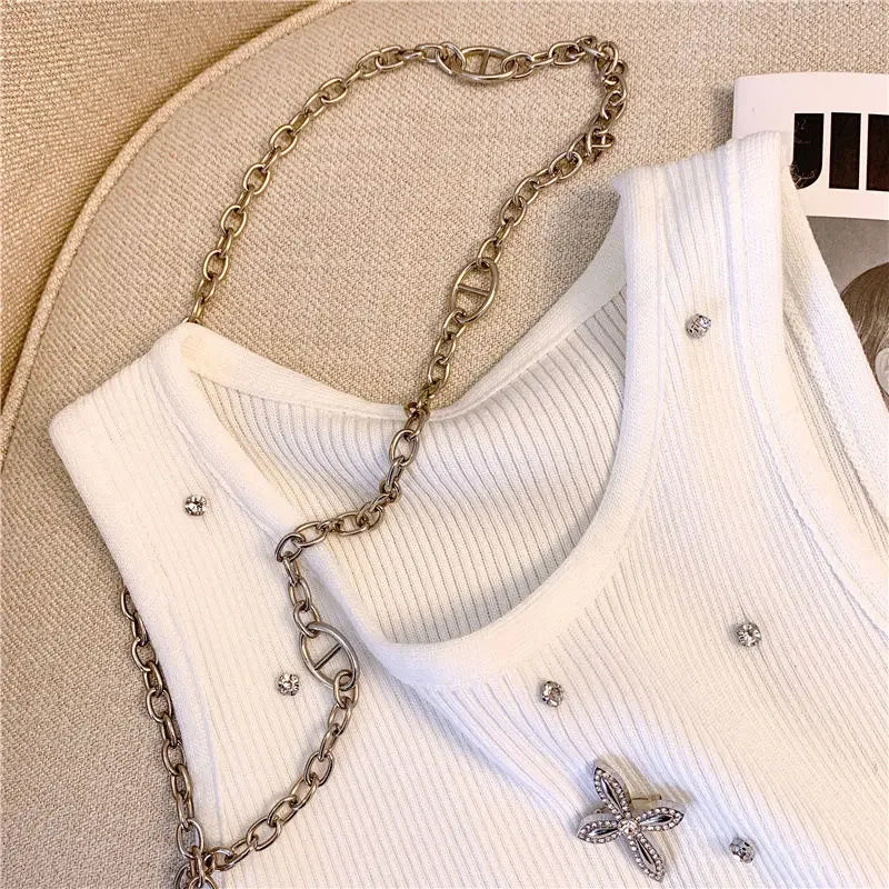 Embroidered Flare Chic Diamonds O-Neck Tank Top