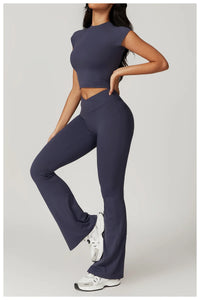 Short Sleeve Gym Crop Top High Waist Legging Set