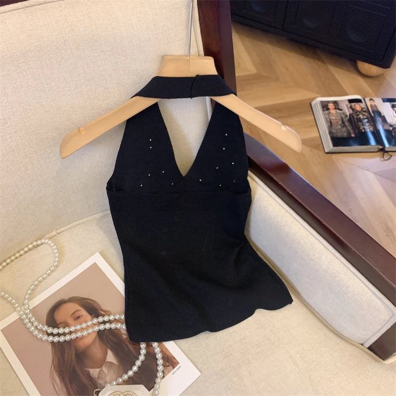 Halter Rhinestone Knitted Tank Top